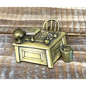 Vintage JJ Jonette Teacher Gold Tone Pin Brooch Desk Apple Globe Book Signed